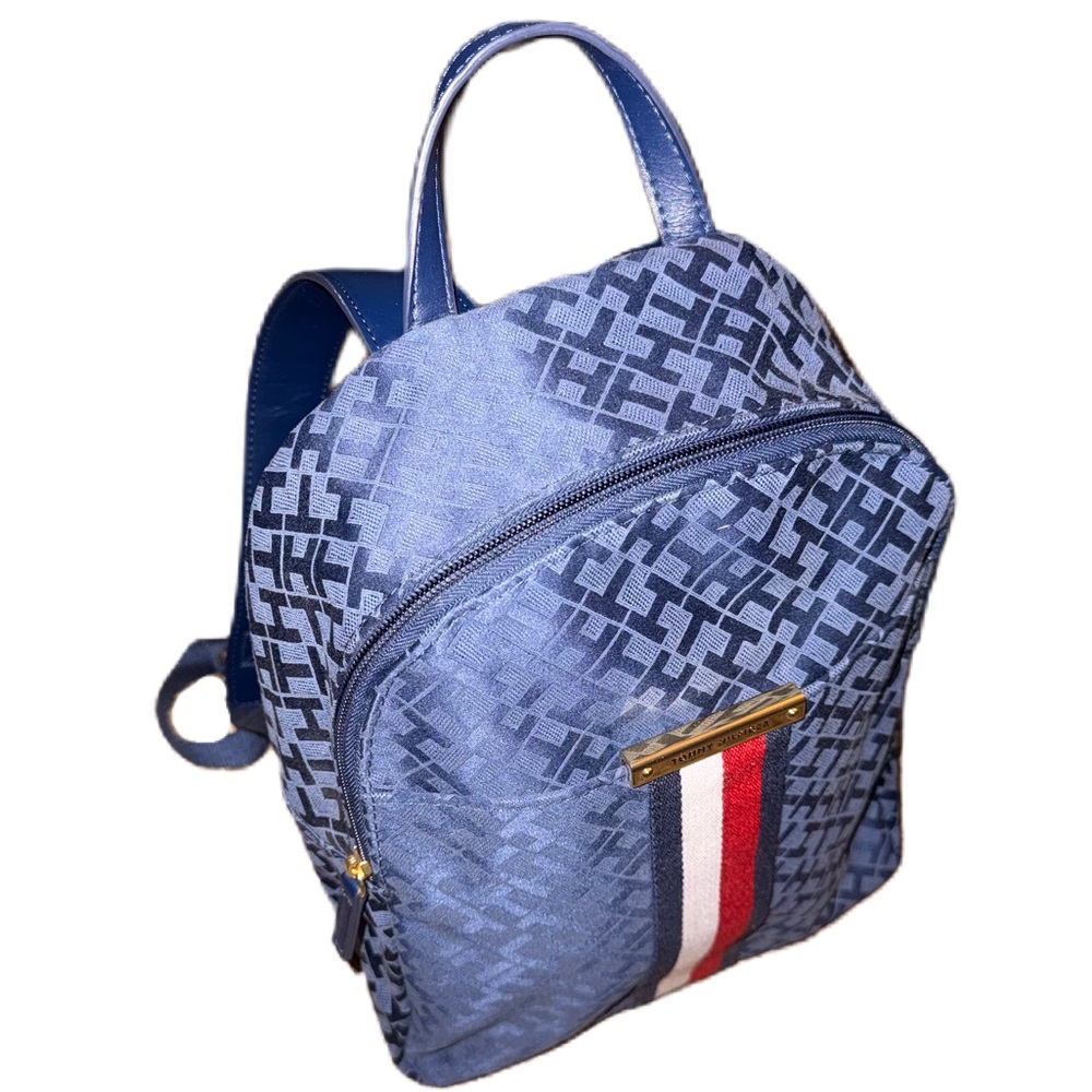 Tommy Hilfiger Backpack Monogram Logo Purse Zipper Pockets Navy Blue Gold Medium - Picture 2 of 10